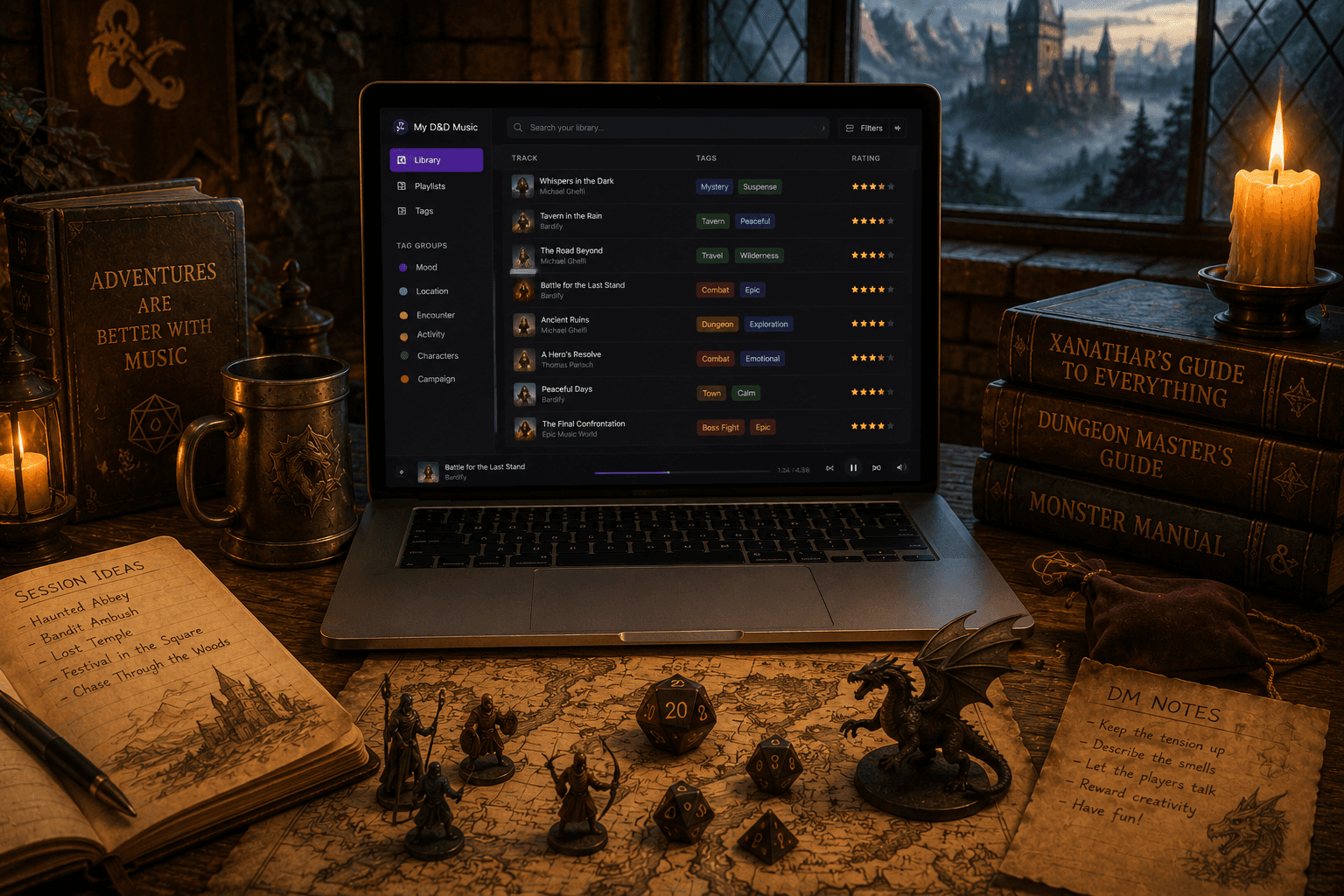 Fantasy Dungeon Master’s desk with D&D miniatures, dice, campaign notes, and a laptop displaying an organized D&D music library.